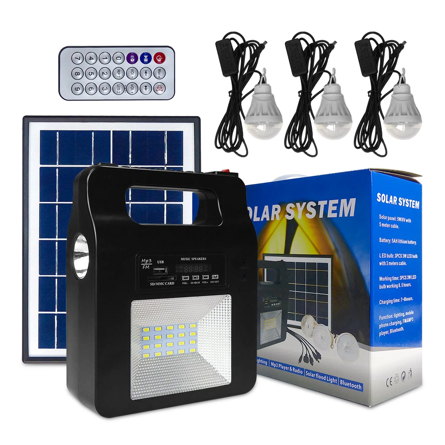 Pequeño control remoto portátil Panel solar sistema de iluminación alimentado para Inicio Luz de flash Radio Solar con Luz de bombilla
