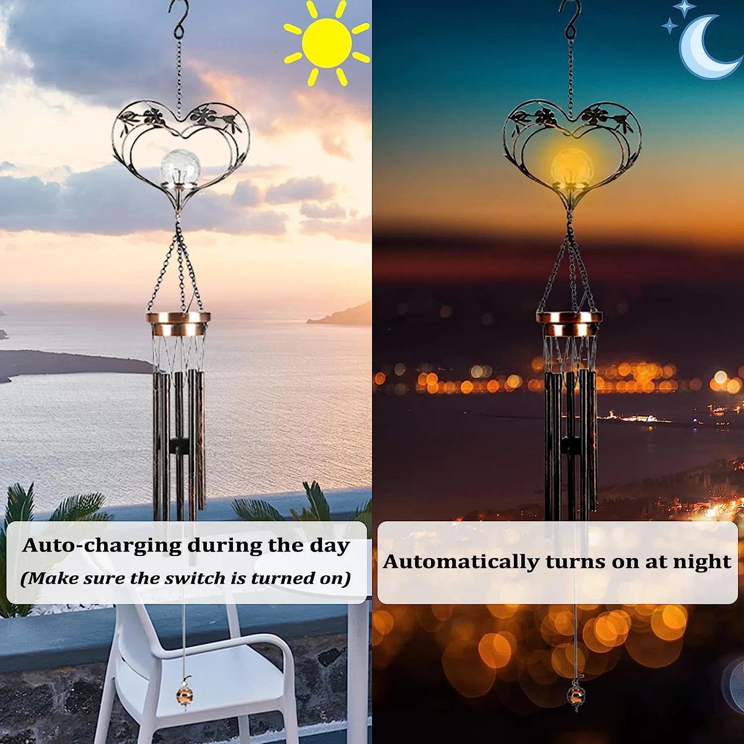 Solar Powered Glowing Crackle Glass LED Hanging Outdoor Lights Retro Windchimes