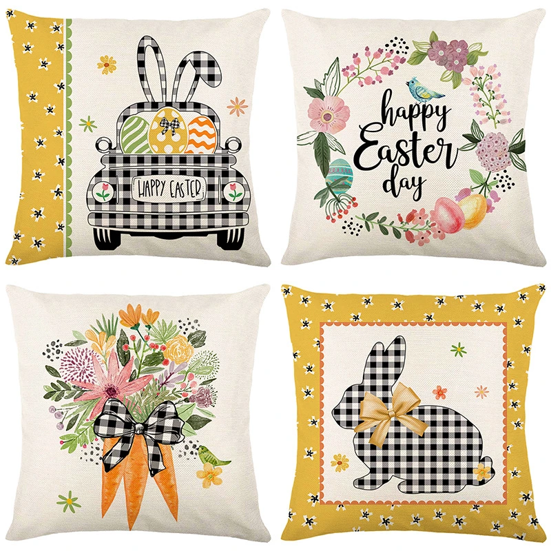 Cartoon Grid Printed Pillowcase Cover Western Easter Cushion Cover Pillowcase