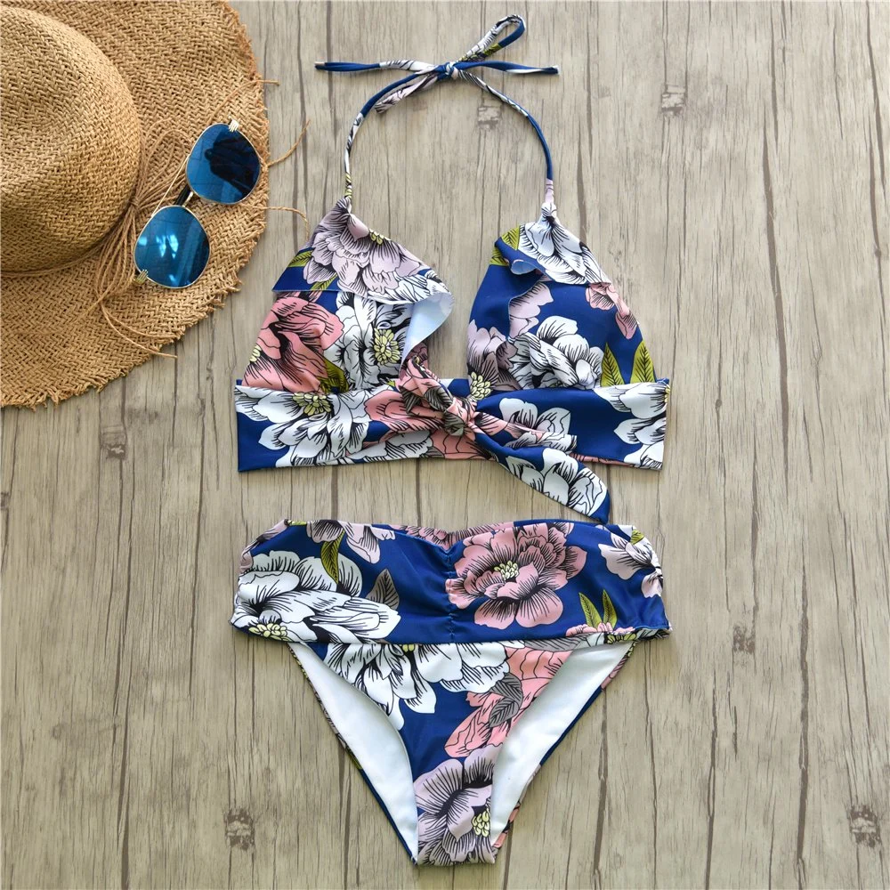 2023 Designer Beautiful Floral Print Bikini 2 Pieces Swimsuit Tie Front Halter Swimwear Amazing Ruffle Beachwear