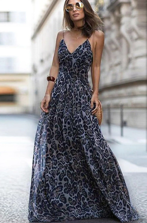 High quality/High cost performance  Popular Leopard Print V-Neck Strap Dress Long Skirt