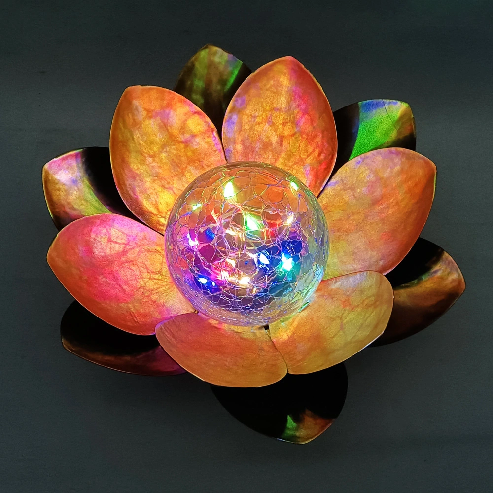 Metal Lotus Flower Crackle Glass Globe Solar LED Colorful Light Decoration