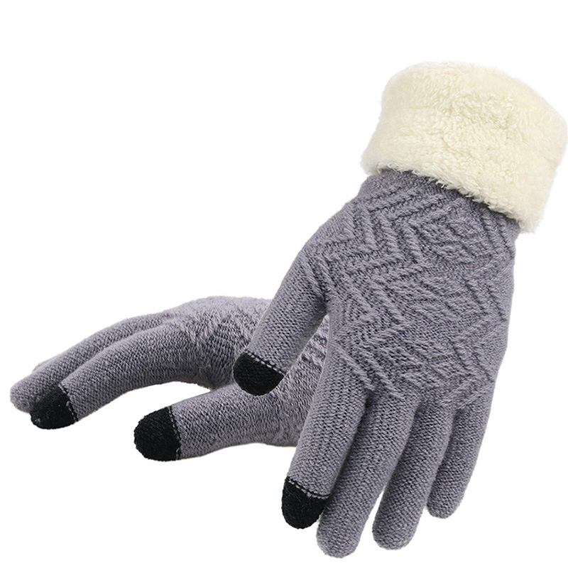 Simple Style Solid Knitted Winter Warm Thick Fashion Soft Gloves with Velvet Lining