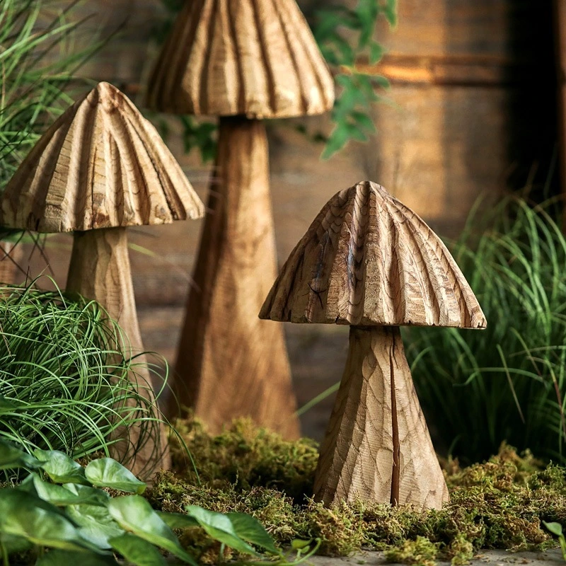 Large Solid Wood Mushroom Decor Living Room Floor Ornaments Garden Decoration