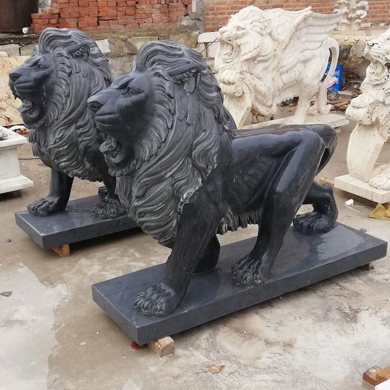Outdoor Garden Animal Furniture Hand Carving Black Nature Marble Stone Pair of Lions Staute
