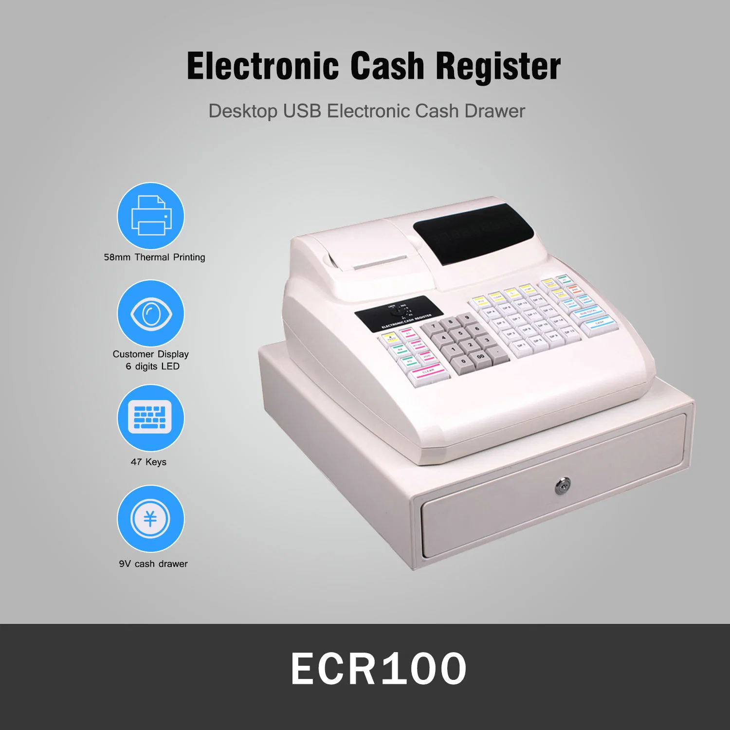 58 مم ورق الطباعة الحرارية RS232 PS2 A Electronic Cash Register with درج النقود 9 فولت ECR-100