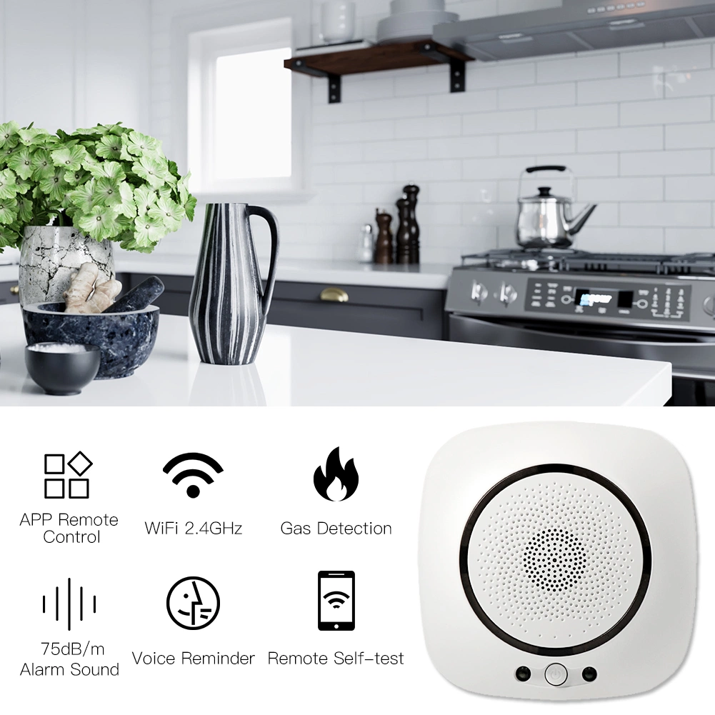 Détecteur de gaz WiFi intelligent Tuya pour la sécurité à domicile, la détection de fuite de gaz de cuisine.