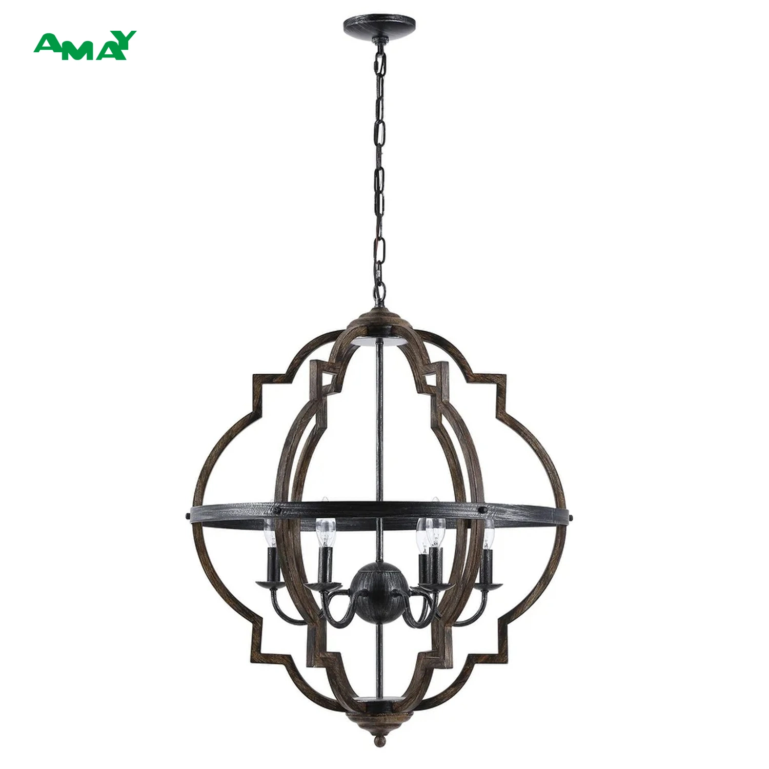 25" Industrial Lantern Wood Grain 6-Light Chandelier Pendant Light