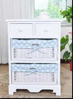 Fashion Wood Cabinet 2 Willow Woven Drawers 2 Wood Drawers