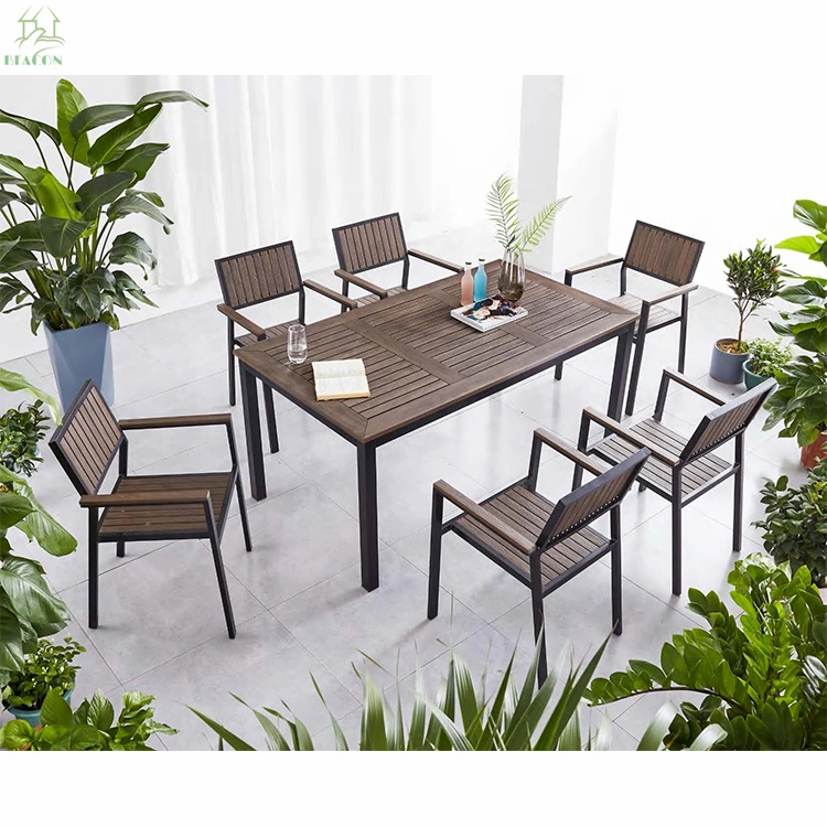 Outdoor Garden Patio Dining Furniture Set High End Durable Aluminum Frame Plastic Wood Chairs Outdoor Dining Sets