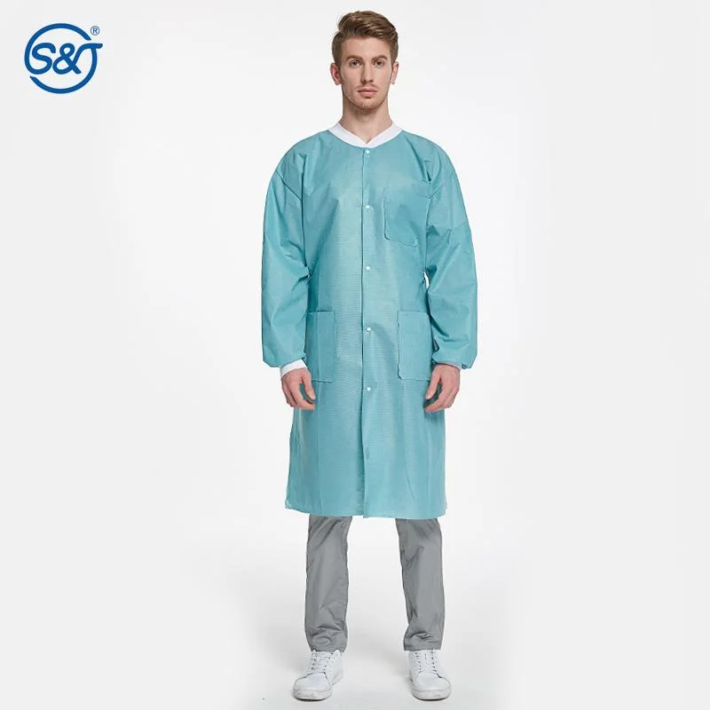 SJ Disposable Clothing Blue Pink SMS Breathable Fluid Resistant Lab Coat with Pockets Knitted Collar and Cuffs