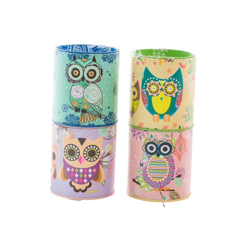 Owl Piggy Bank Tin Pen Pencil Brushes Holder Tinplate Save Spend Share Giving Coin Money Can