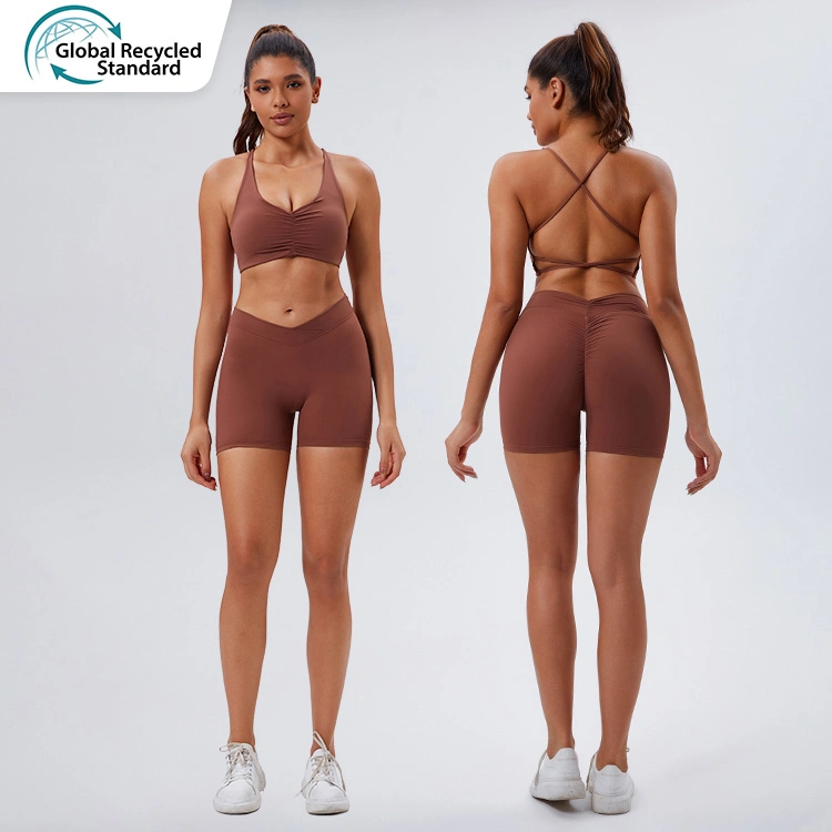 Ingor Sportswear Workout Wholesale Clothing Eco Friendly V-Neck Slim Strap Yoga Bra & V-Waist Peach Hip Lifting Biker Shorts Sets, Activewear Fitness Gym Wear