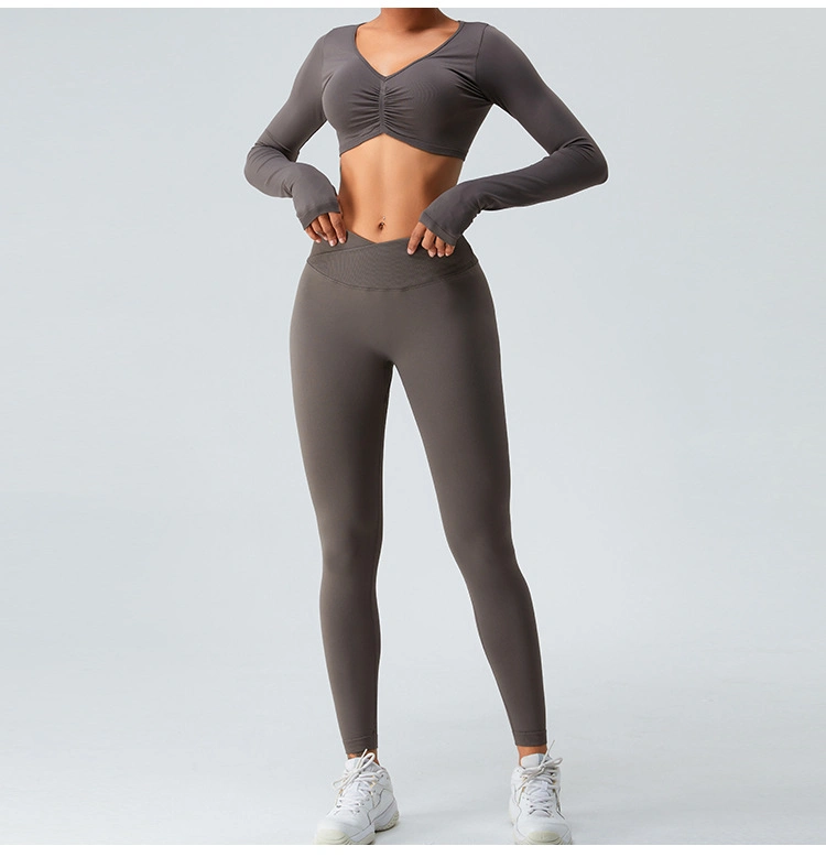 Outono Inverno novo estilo de estiramento forte desgaste de ioga mulheres Manga Longa Cruz Camisas Abdominal Calças de ioga executando o pessegueiro amassar mechas Perneiras Sports sem desgaste Fitness