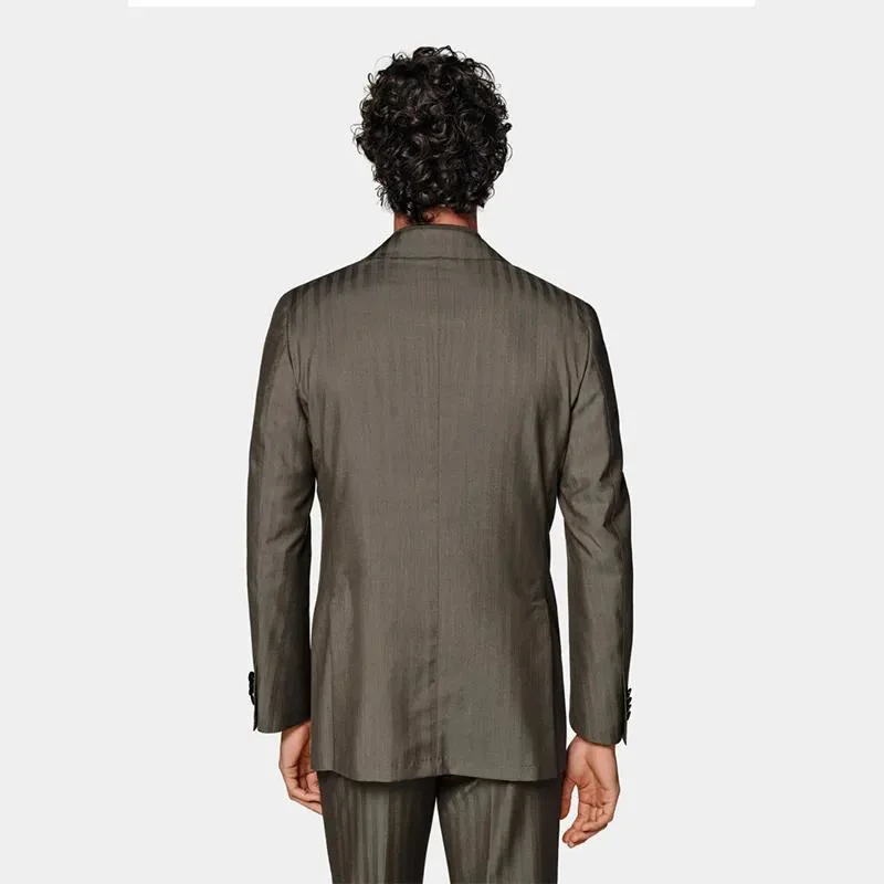 Taupe Wool and Silk Blended Men's Business Slim Double-Breasted Suit