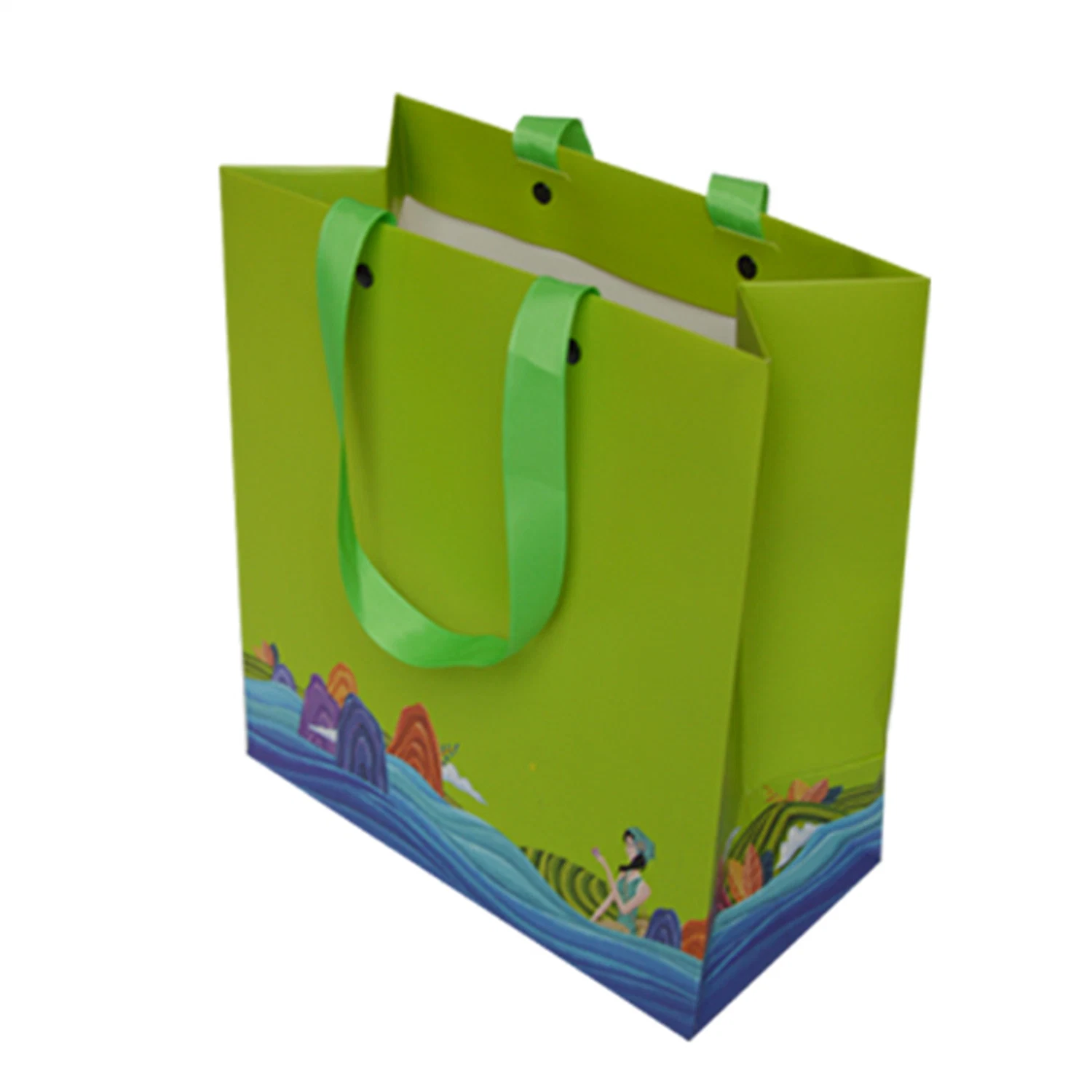 Custom Promotion Mini Green Colorful Art Paper Bag with Handle for Gift Box Shopping Jewelry Box Packaging