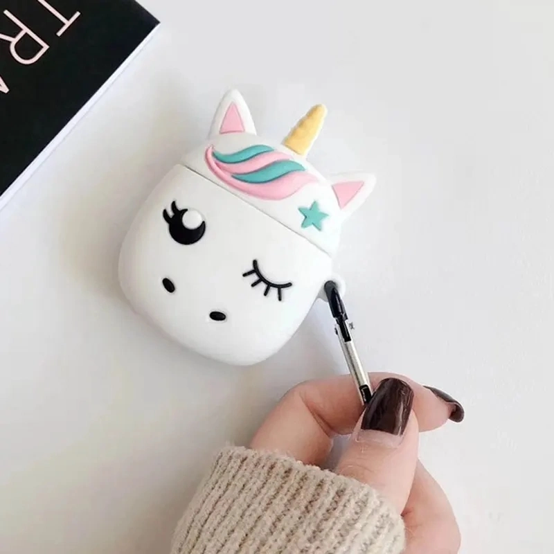 Cute Silicone Case for Airpod 1 2 3D Cute Unicorn White Cartoon Protective Earphone Case for Air Pod Cover Bag with Carabiner