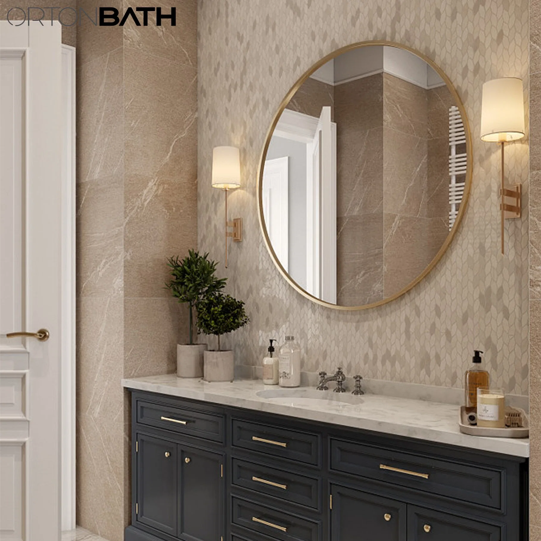 Ortonbath Traditional Wall Mirror Gold Framed Brass Framed Circle Bath Home Smart Wall Mounted Non-LED Mirror Bathroom Designer Art Mirror