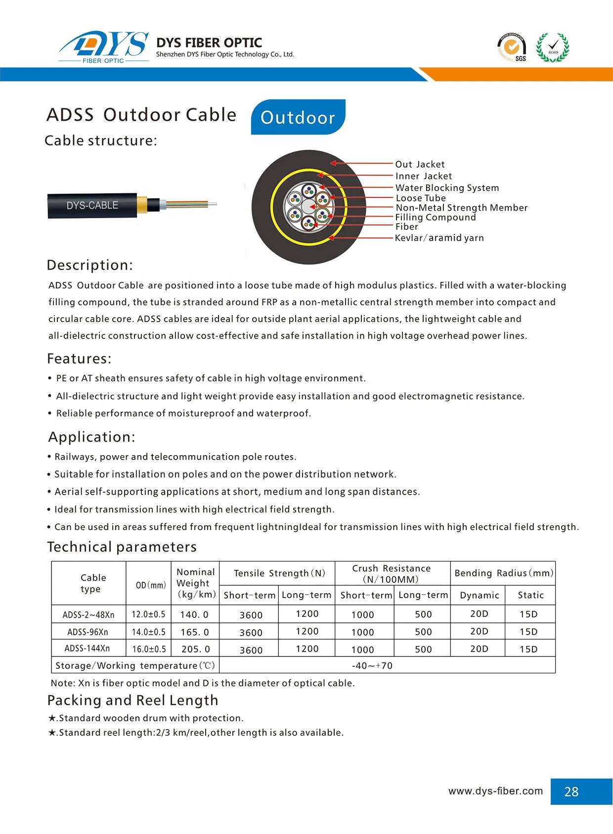 Outdoor Aerial 24/36/48 Core Single Mode Large Span Dielectric Self-Supporting Network ADSS Fiber Optic/Optical Communication Cable