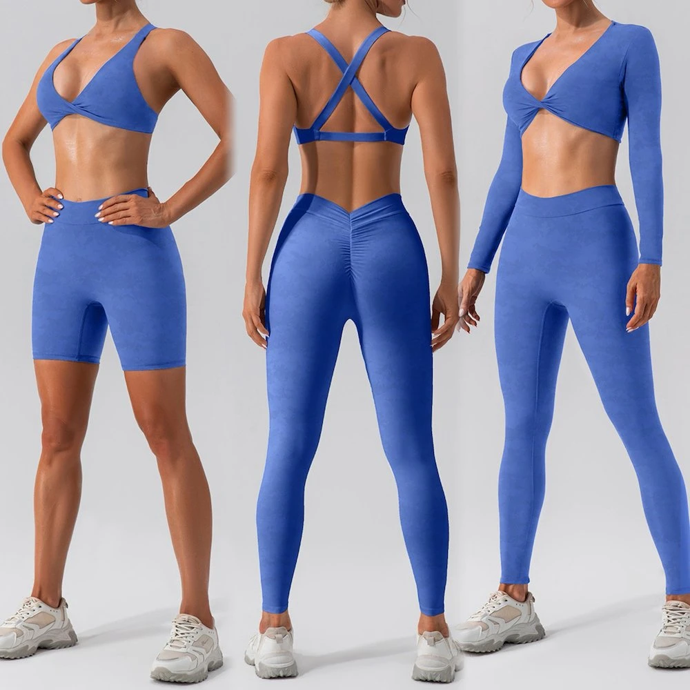 Wholesale 4PCS Hot Sexy V Neck Outdoor Running Sports Suit Pilates Fitness Clothing for Women, Custom Logo Yoga Bra + Crop Top + Scrunch Butt Shorts + Pants