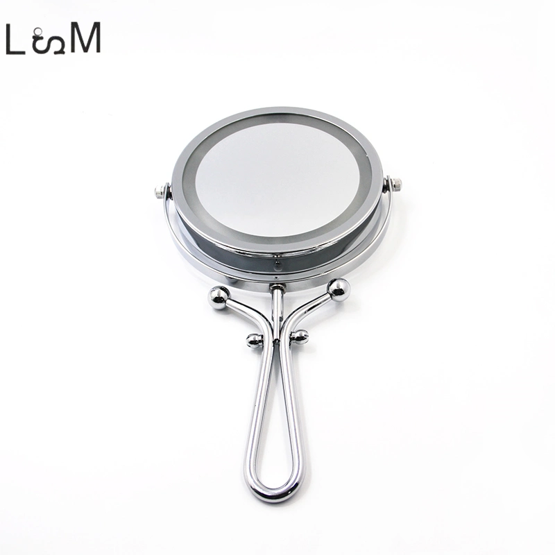 Metal Silver Round Makeup Mirror Double Side 5X Magnifying LED Lights Folding Hand Mirror