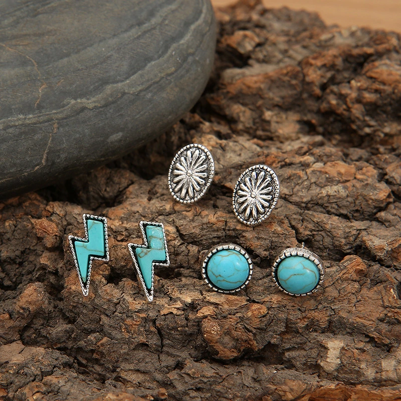 Retro mujeres Turquoise Pendientes Joyería Flor Cactus Western Turquoise Pendientes