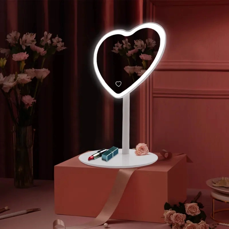 Wholesale/Supplier Custom Logo Heart Shaped Pink Mirror Detachable Charging Beauty LED Travel Makeup Vanity Mirror with Light