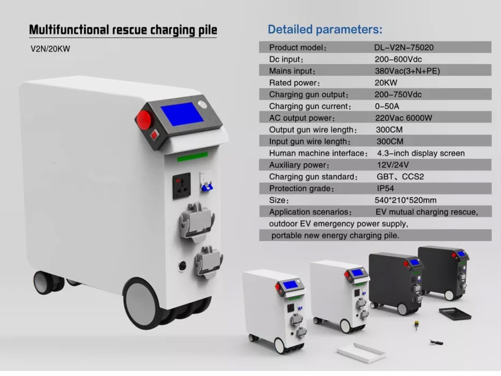 Portátiles móviles 20kw Alquiler de Vehículos Eléctricos EV bidireccional con cargador de batería interna de V2n EV el Cargador de emergencia dinámico