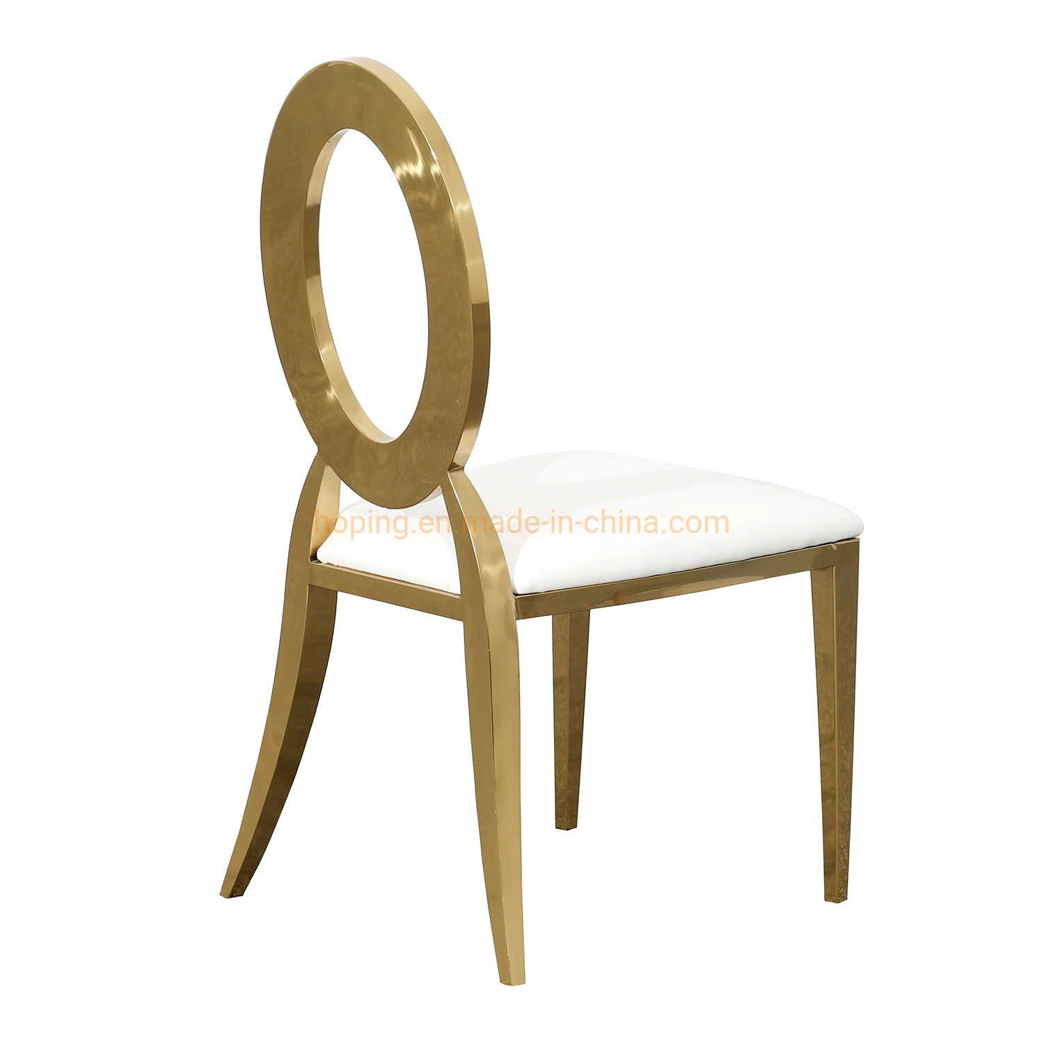 Vente chaude Prix de gros Salon Chaise de loisirs Meubles Hôtel Restaurant Dossier rond avec Creux Chaise en acier inoxydable de haute qualité pour salle à manger de mariage en or.