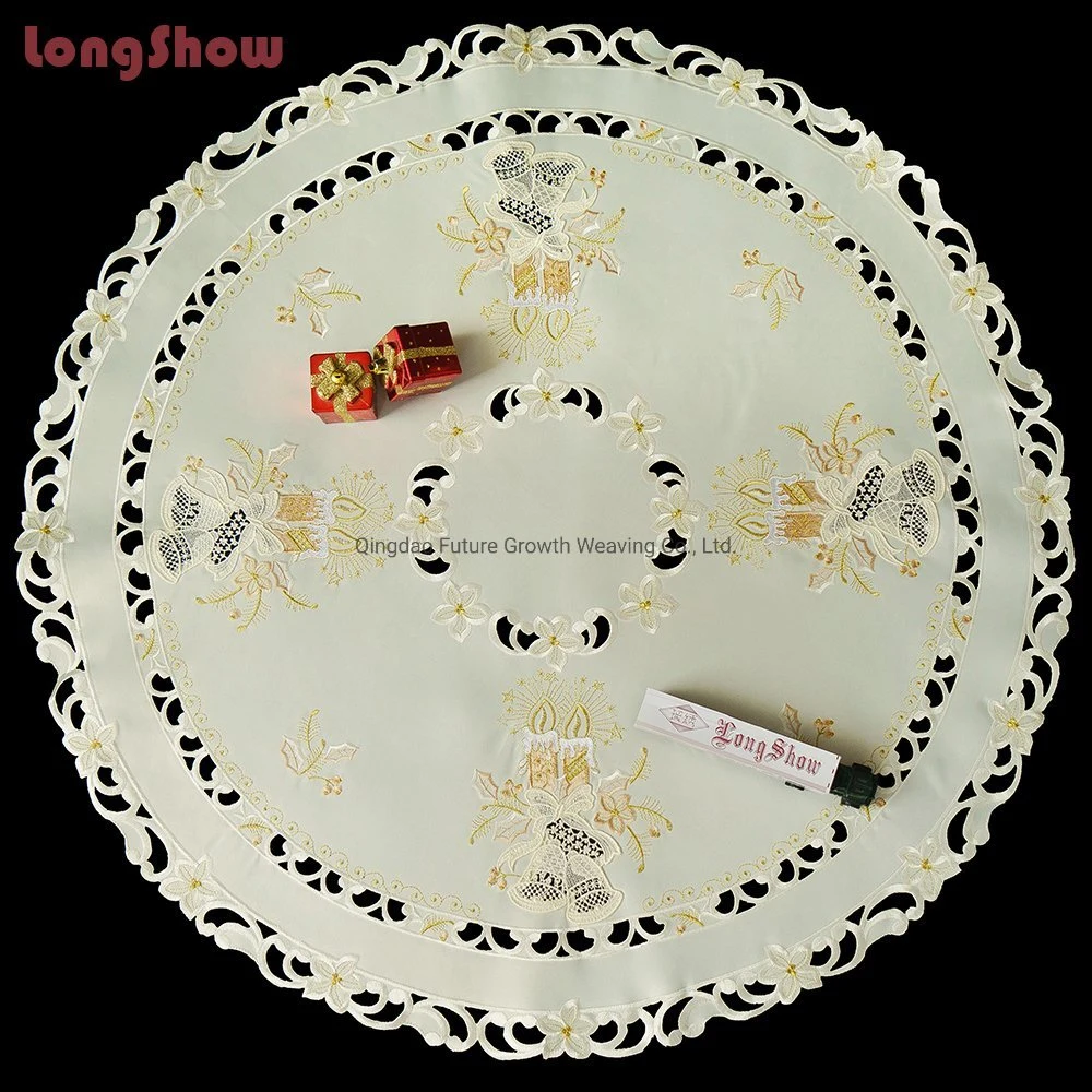 Round Gold Luxury Satin Fabric Christmas Table Cloth/Xmas Cutwork Embroidered Table Topper