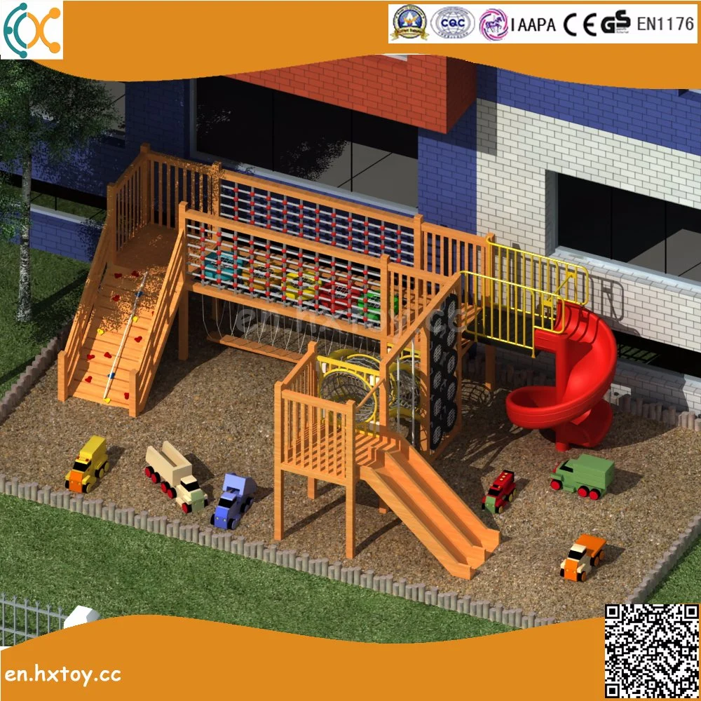 Outdoor Wooden Adventure Playground with Climbing Net in Amusement Park