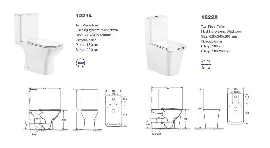 1221A White Close Coupled Toilet, Water Closet, Two Piece Toilet