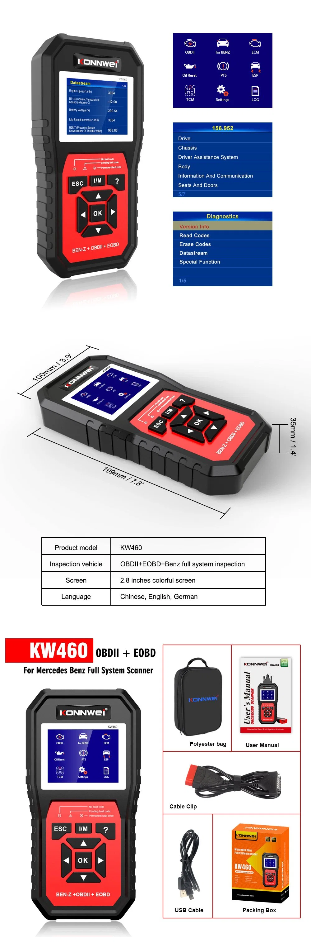 Kw460 Herramientas de diagnóstico automotriz Scanner OBD2 coche