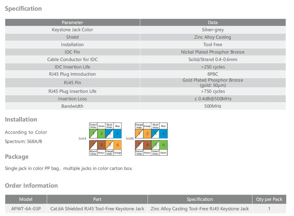 Aipu Cat. 6 Shielded RJ45 Tool-Free Keystone Jack Cat. 6 Shield System Link Shield RJ45 Module