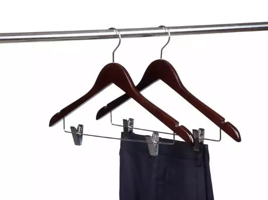 Dark Wood Hangers: Solid Wooden Top Garment Hangers of Cherry Brown Finish with Metal Trousers Clips for Adult Clothes Display