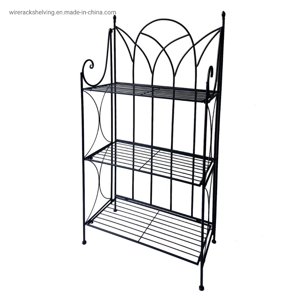 Schwarzes 3 Tier Gothic Baker Rack mit Metalldraht-Regalen Für Brot mit Licht Leben