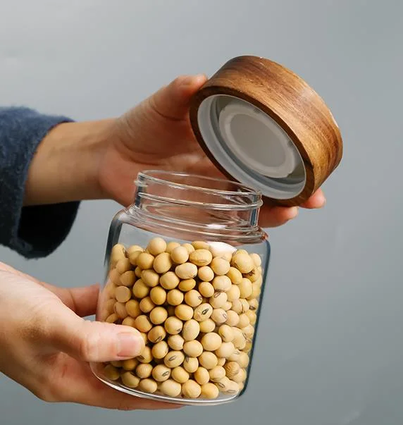 Glassware with Wooden Lid Glass Mason Jars/Airtight Glass Storage Jar with Screw Wood Acacia Lid