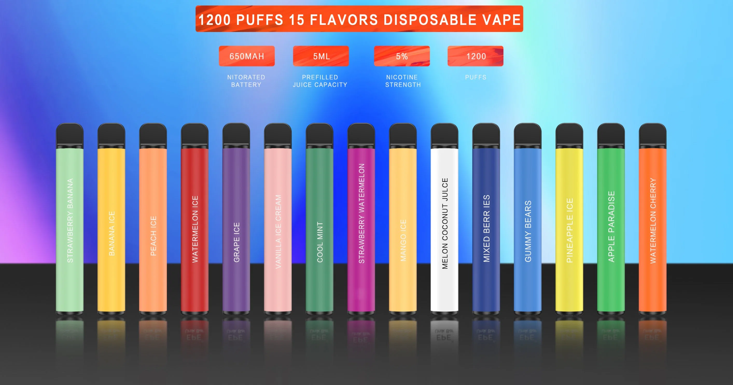 Vente en gros portable Mini 15 parfums Vape Pen jetable 1200 bouffées Cigarettes électroniques