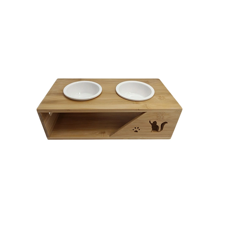 Custom Logo Wholesale/Supplier Hot Sale Wood Bamboo Elevated Pet Cat Double Bowl Ceramic Luxury Non Slip Dog Food Water Bowl