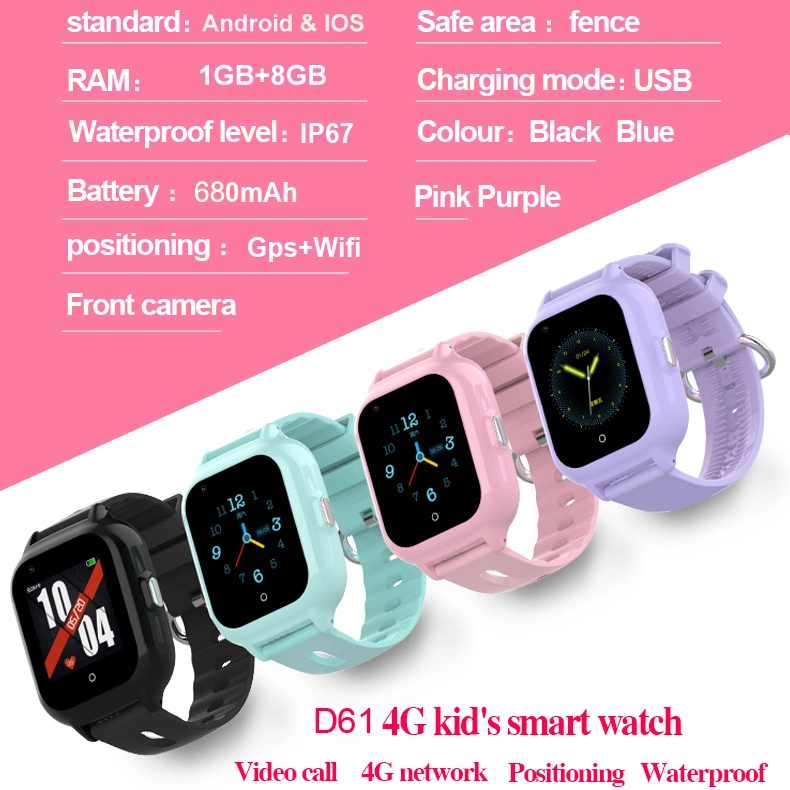 Nouvelle arrivée Qualité Anti Lost 4G Appel vidéo IP67 Étanche Enfants retour à l'école Enfants GPS Tracker Cadeau Montre intelligente avec Geo Fence D61