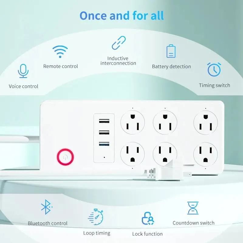 Eua Standard 6AC 2 portas de carga USB Comando de Voz de distribuição Tuya Extensão da Faixa de Alimentação Inteligente WiFi tomada com monitoramento de energia