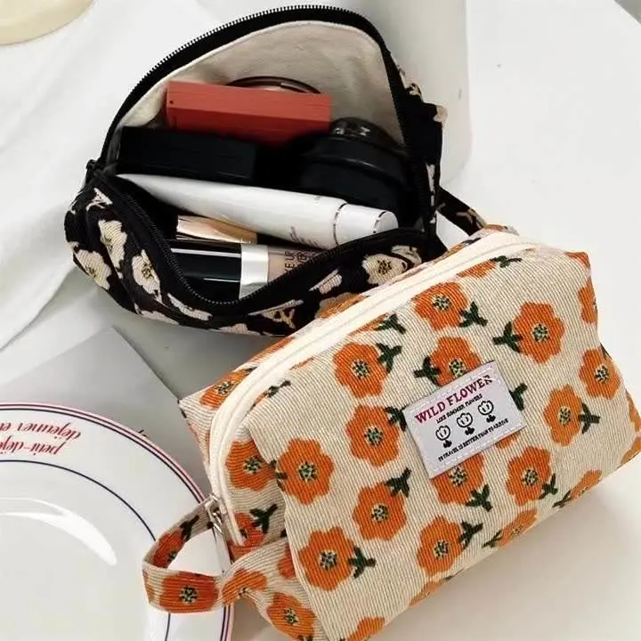 Women Corduroy Plaid Flowers Cosmetic Lipsticks Bag Korean Case Travel Makeup Brushes Bags