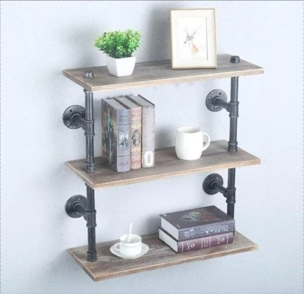 Real Wood Floating Industrial Pipe Shelf Rustic 3 Tier Wall Pipe Shelving, Steampunk Pipe Shelves Wall Mounted Used for Bar