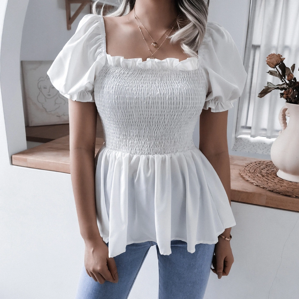 Europe and The United States New Summer Leisure Lantern Sleeve Hem Dutch Edge Chiffon Shirt Top Wish Independent Station Cross-Border Women&prime; S Wear