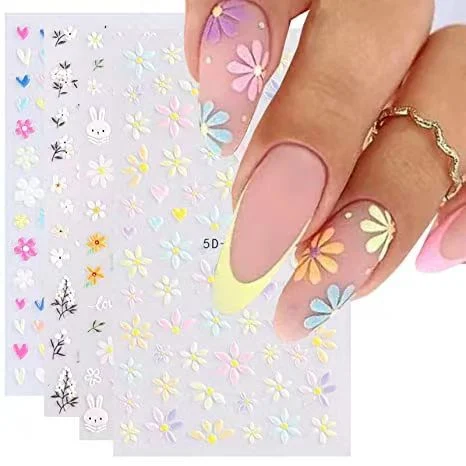 Flower Nail Art Stickers 5D Embossed Nail Decals Spring Daisy Nail Art Design Self Adhesive Nail Supplies White Yellow Colorful Flower Nail Stickers for Women M