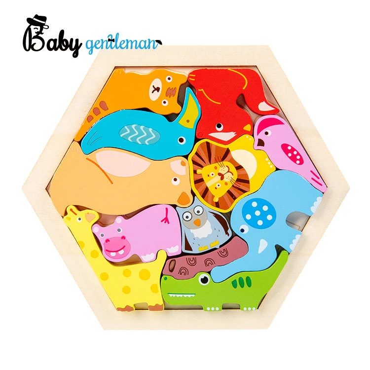 Montessori Educational Cartoon Farm Animal Wooden Hexagon Puzzle for Kids Z14359A