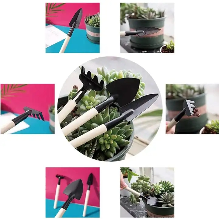 3PCS Portable Small Shovel Rake Wooden Handle Garden Tool Set