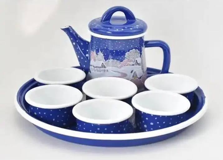 Stocks Saudi Market New Design Enamel Cookware Tea Kettle Set with Tray and Cups