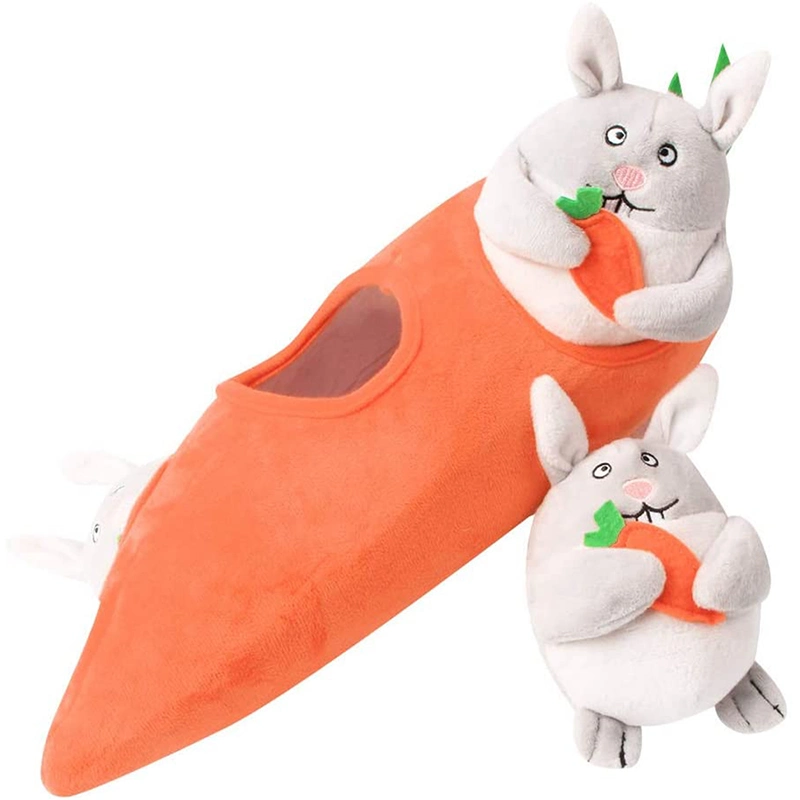 Rabbit and Carrot Multi-Hole Hide and Seek Dog Plush Toys Interactive Squeaky Plush Dog Toy Pet Toys for Small Medium Dogs