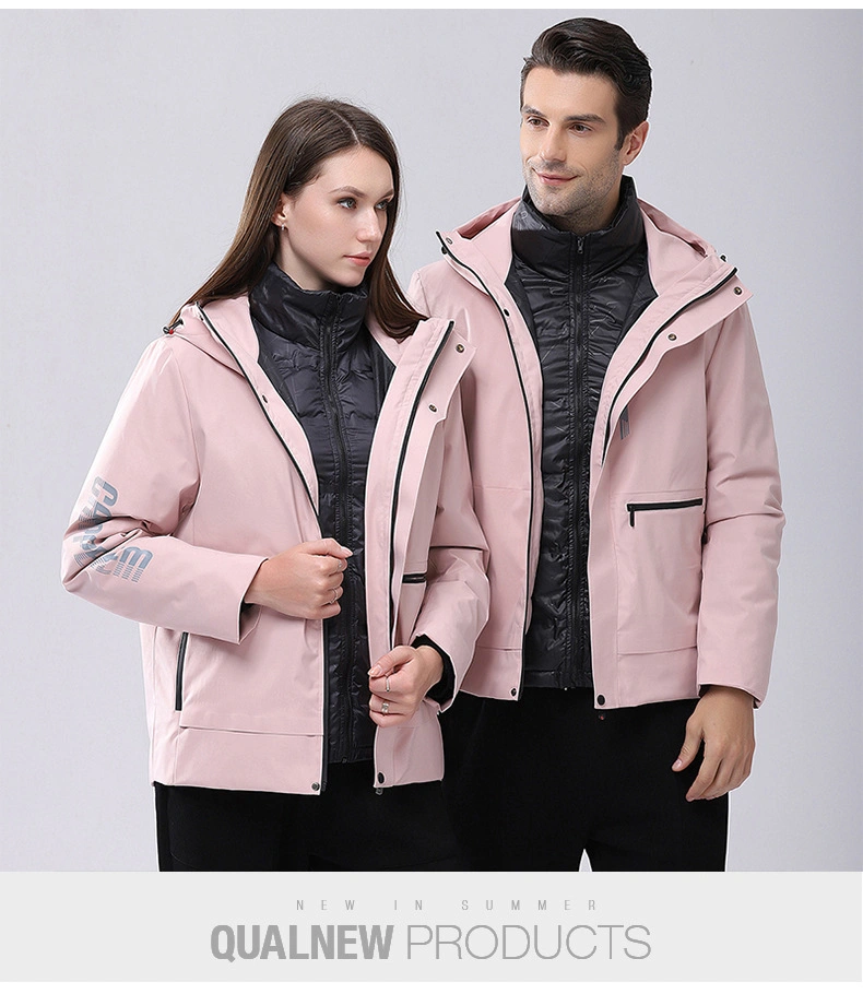 Down Jacket, traje de dos piezas para los hombres y mujeres de las parejas en el invierno, caliente y fría Chaqueta con forro de terciopelo